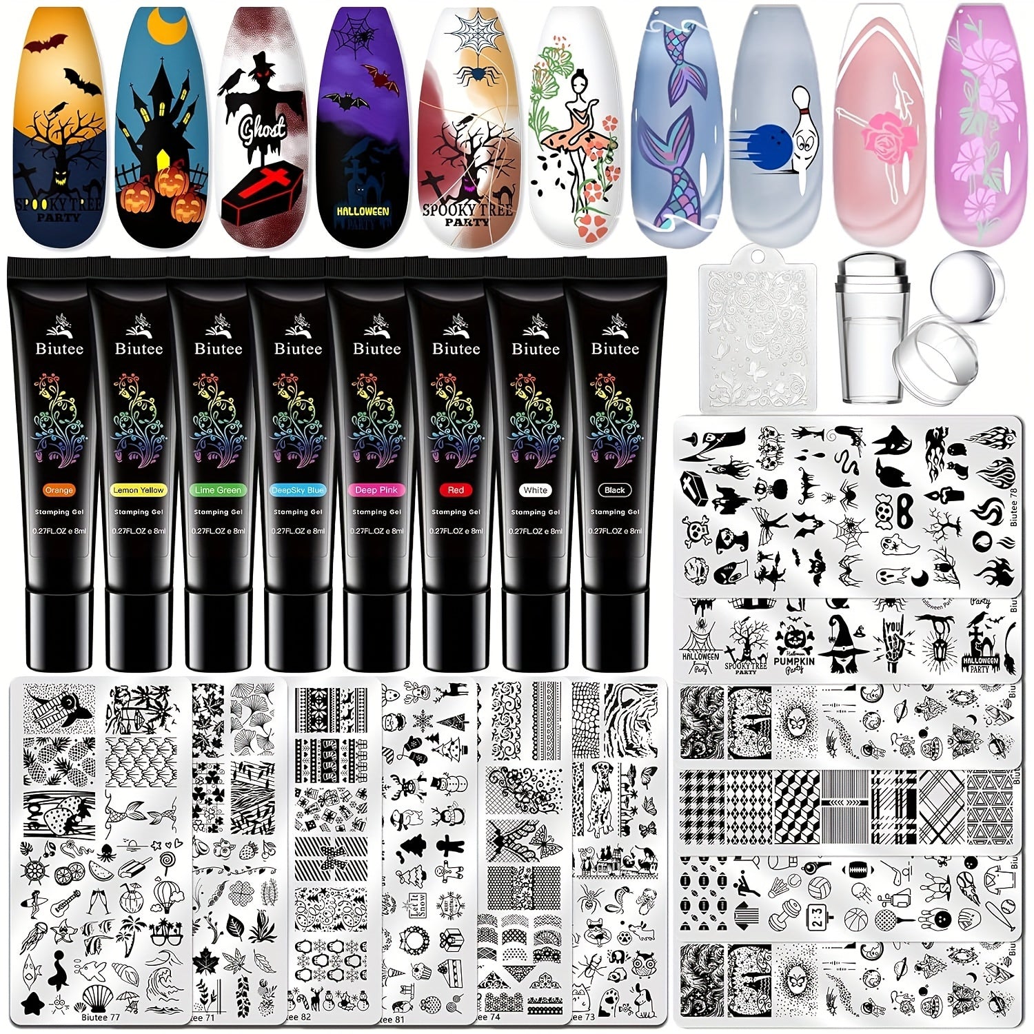 Biutee Nail Stamper Kit Nail Art Stamping Plate Set 8 Stamping Nail Polish Gel 12 Stamp Plate Jelly Silicone Stamper Flower Animal Lace Girl Star Rose Love Template Tool Supplies Holiday Design